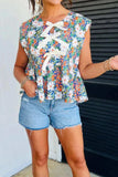 Floral Print Bow Applique Slit Sleeveless Peplum Blouse - Trendsi - Flyclothing LLC