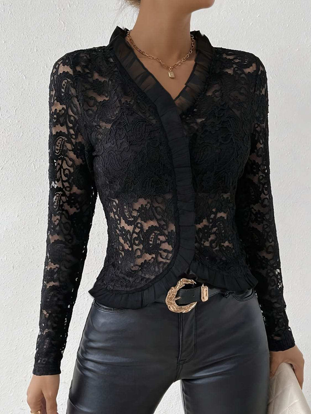 Ruffled V-Neck Long Sleeve Lace Top - Trendsi - Flyclothing LLC