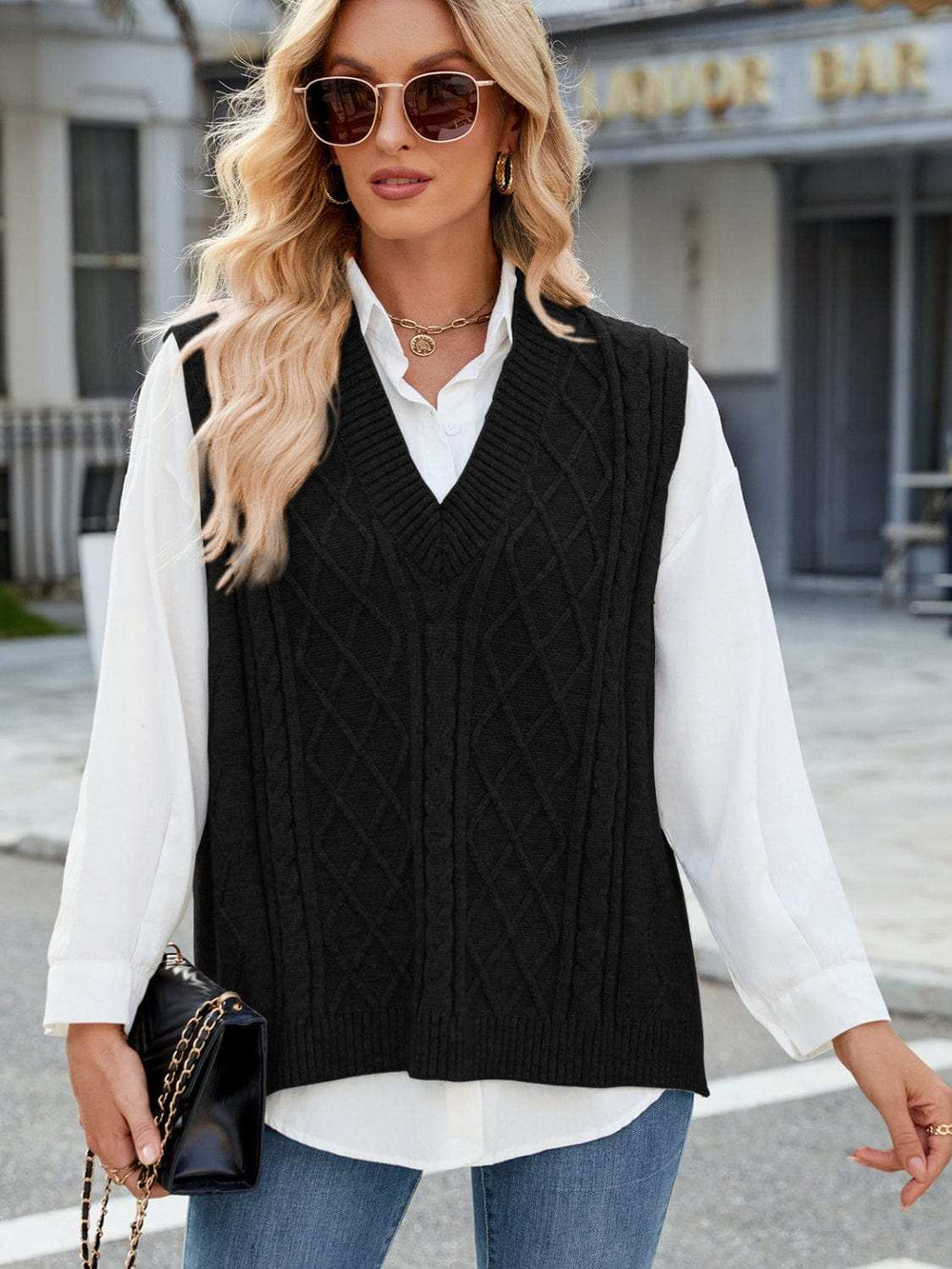 Cable Knit V-Neck Sweater Vest - Trendsi - Flyclothing LLC