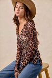 BiBi Leopard Printed Mesh Shirt With Button Up V Neck - Trendsi - Flyclothing LLC
