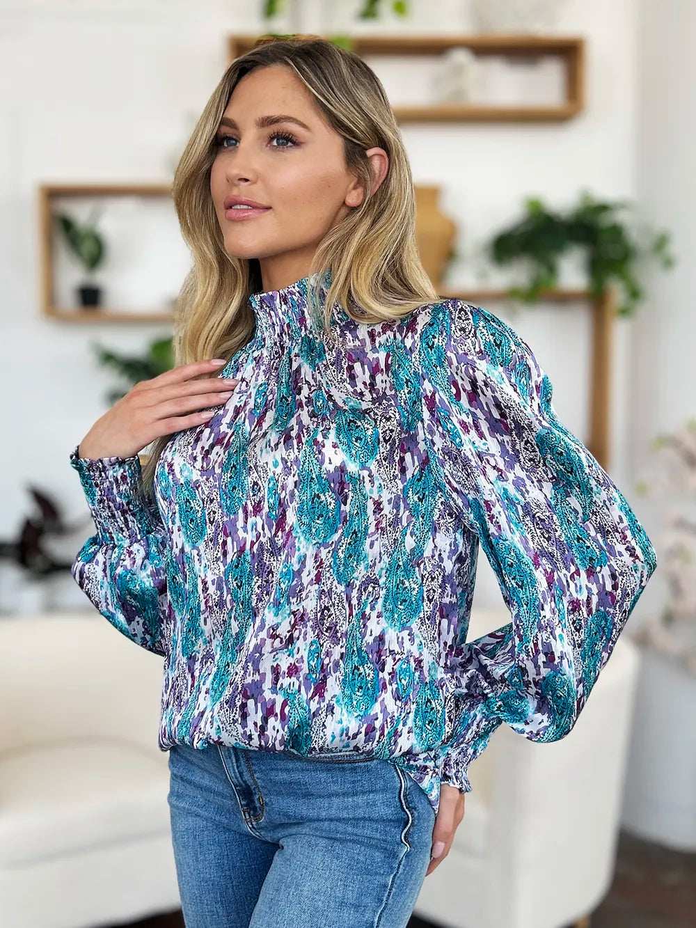 Double Take Full Size Printed Smocked Long Sleeve Blouse - Trendsi - Flyclothing LLC