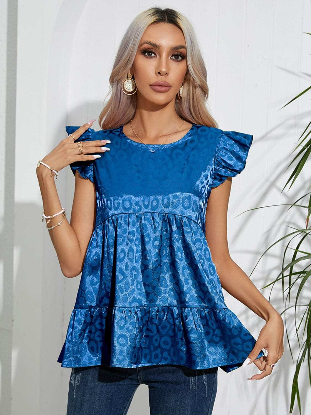 Full Size Ruffled Leopard Cap Sleeve Top - Trendsi - Flyclothing LLC