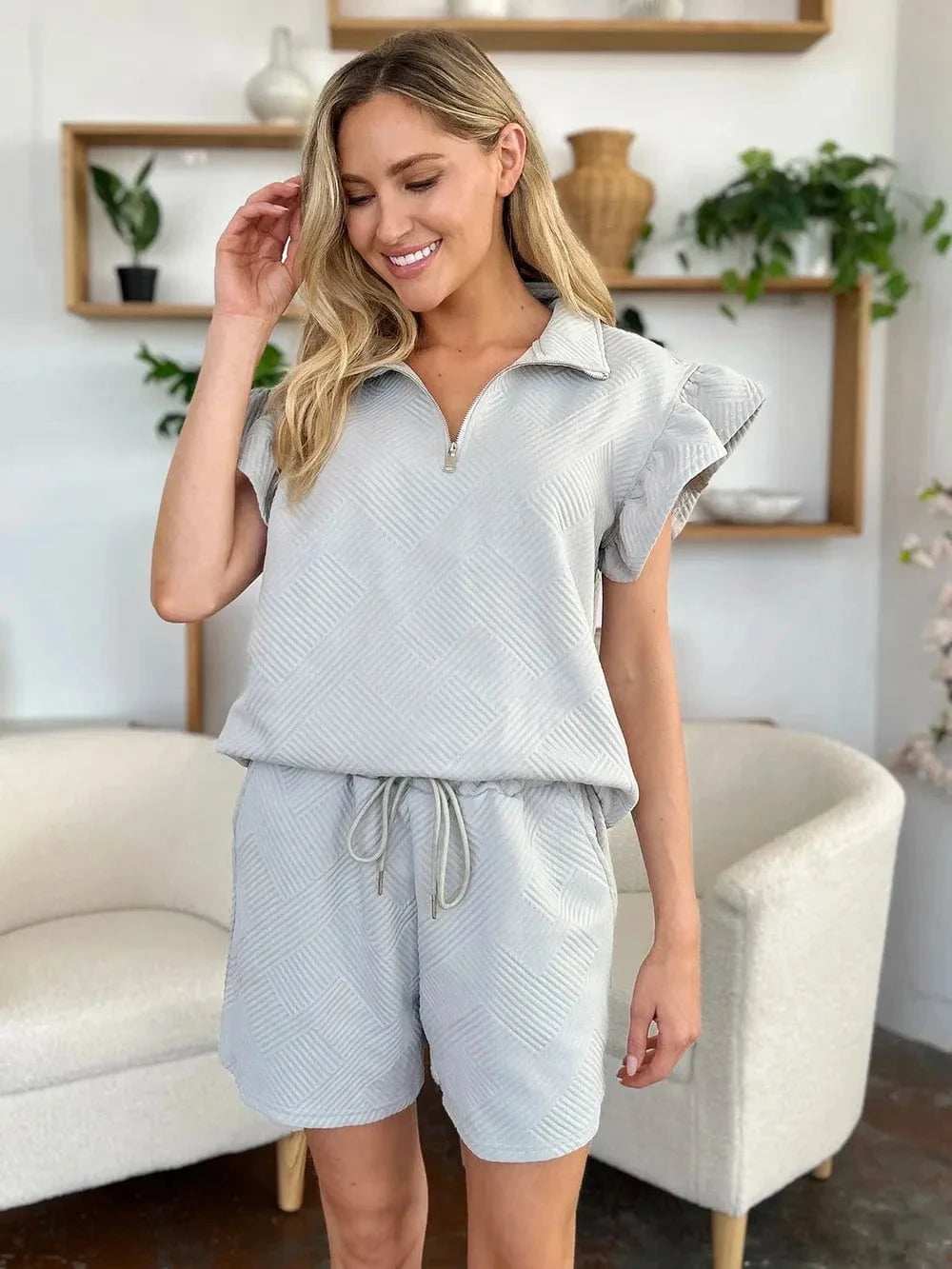 Double Take Full Size Texture Flounce Sleeve Top and Drawstring Shorts Set - Trendsi - Flyclothing LLC