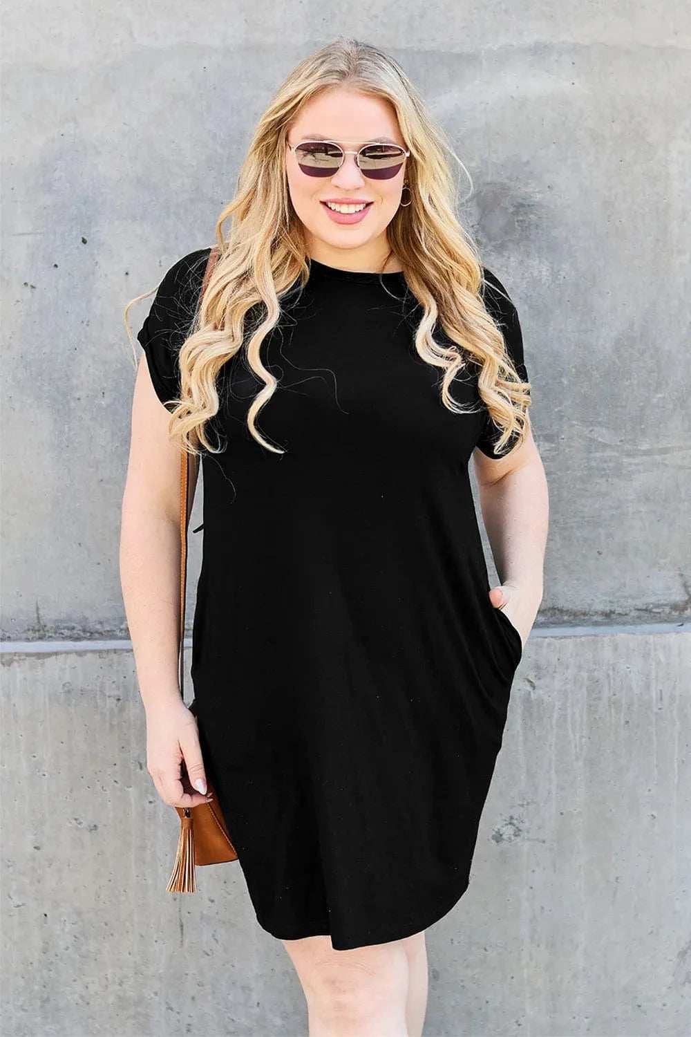 Basic Bae Bamboo Full Size Round Neck Short Sleeve Dress with Pockets - Trendsi - Flyclothing LLC