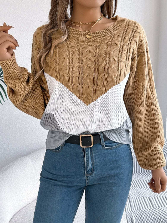 Cable-Knit Color Block Round Neck Sweater - Trendsi - Flyclothing LLC