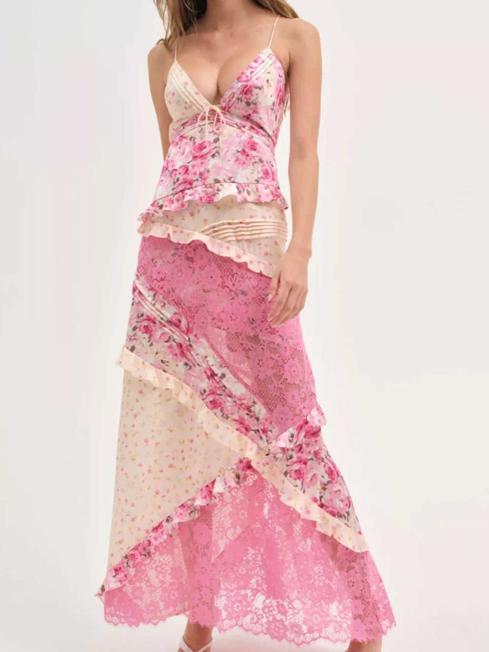 Lace Detail Ruffled Floral V-Neck Maxi Dress - Trendsi - Flyclothing LLC