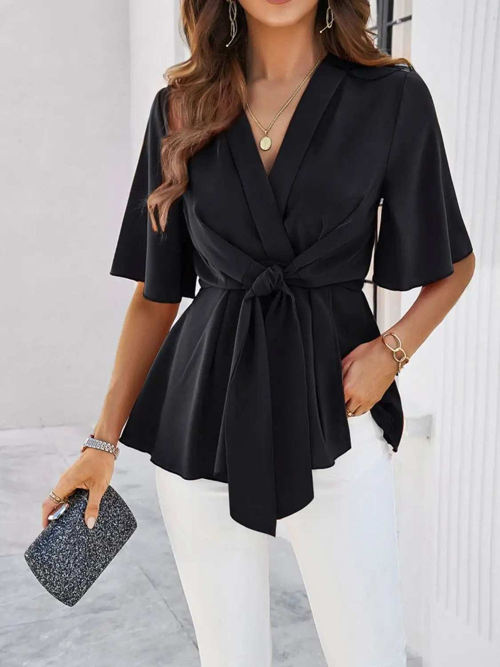Devine Tied Front Peplum Blouse - Trendsi - Flyclothing LLC