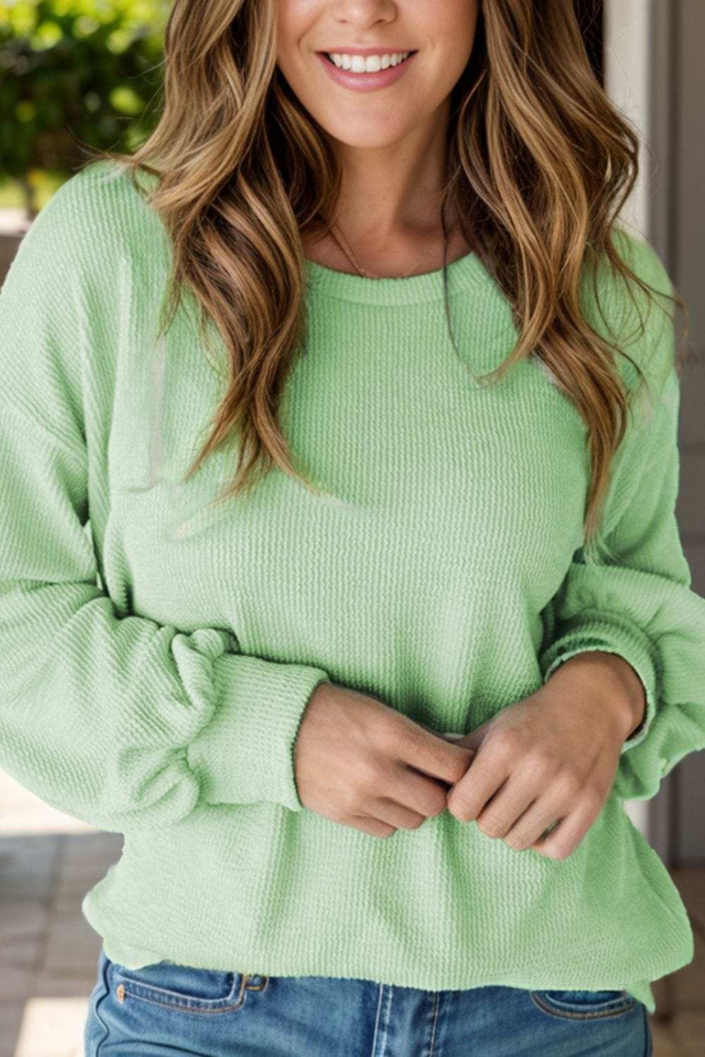 Textured Round Neck Dropped Shoulder Top - Trendsi - Flyclothing LLC