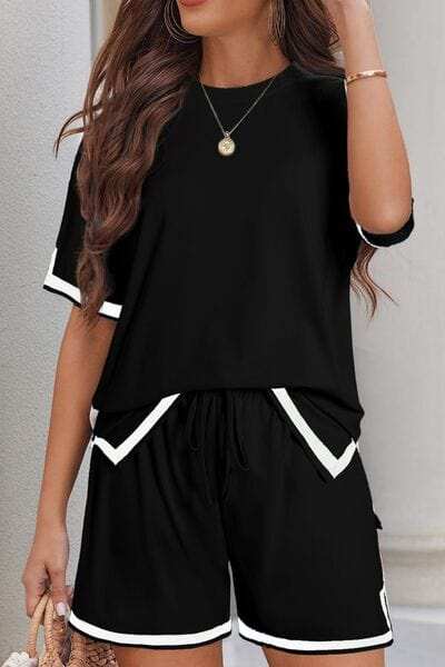Contrast Trim Tee and Shorts Set - Trendsi - Flyclothing LLC