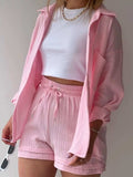 Textured Button Up Shirt and Shorts Set - Trendsi - Flyclothing LLC