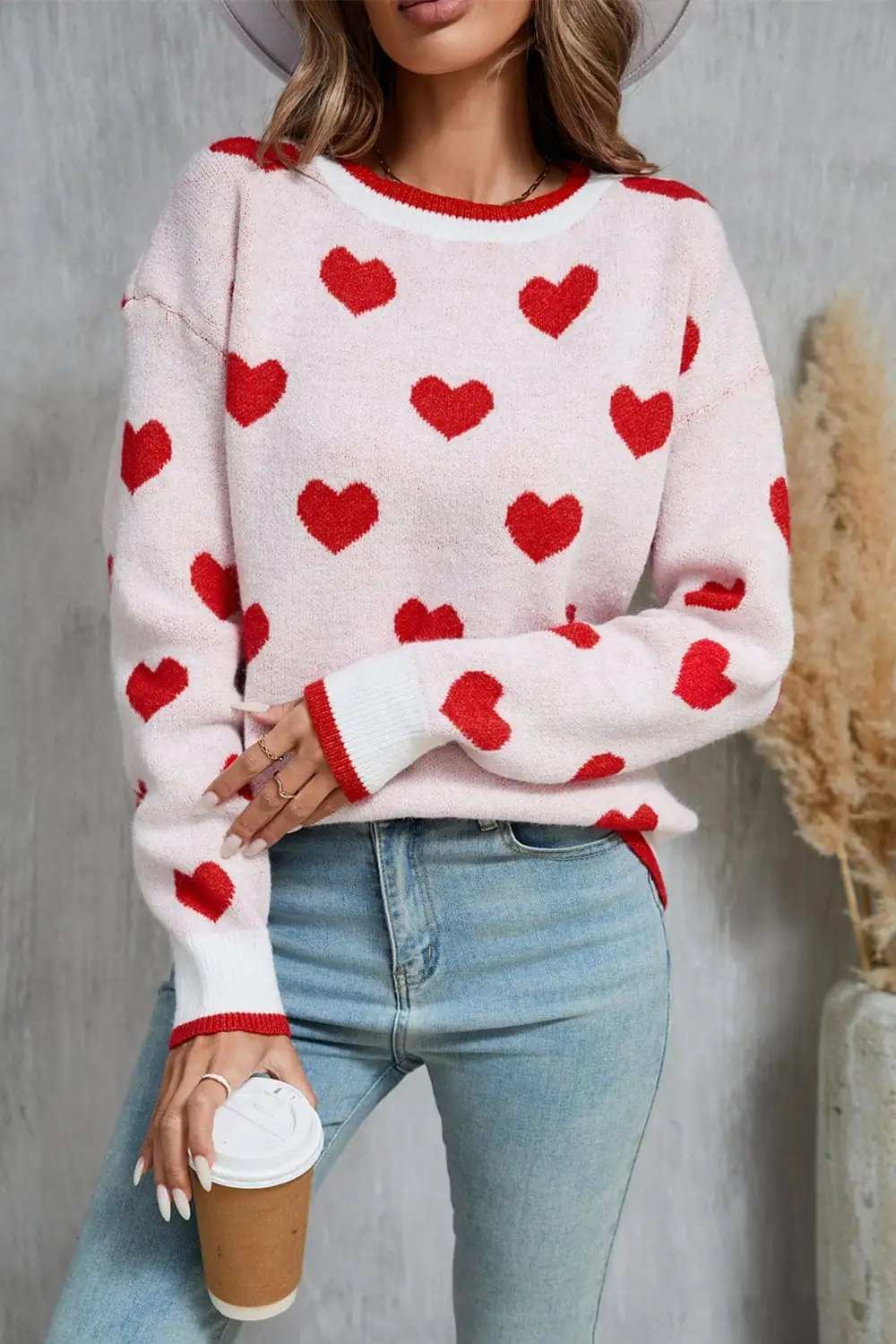 Angel Wings Contrast Trim Heart Round Neck Sweater - Trendsi - Flyclothing LLC