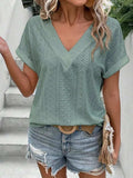 Eyelet V-Neck Short Sleeve Blouse - Trendsi - Flyclothing LLC