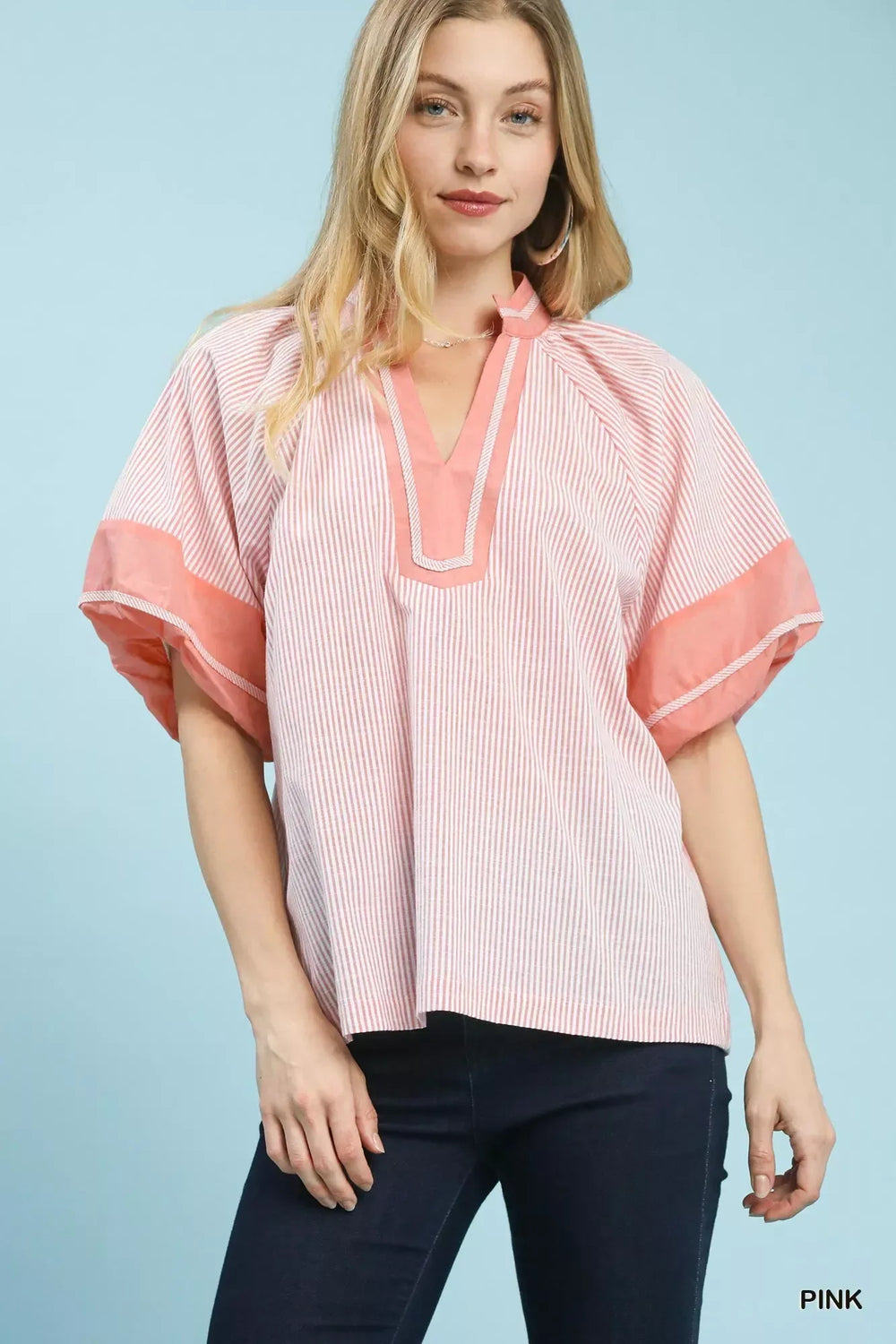 Umgee Striped Mixed Puff Sleeve Blouse - Trendsi - Flyclothing LLC