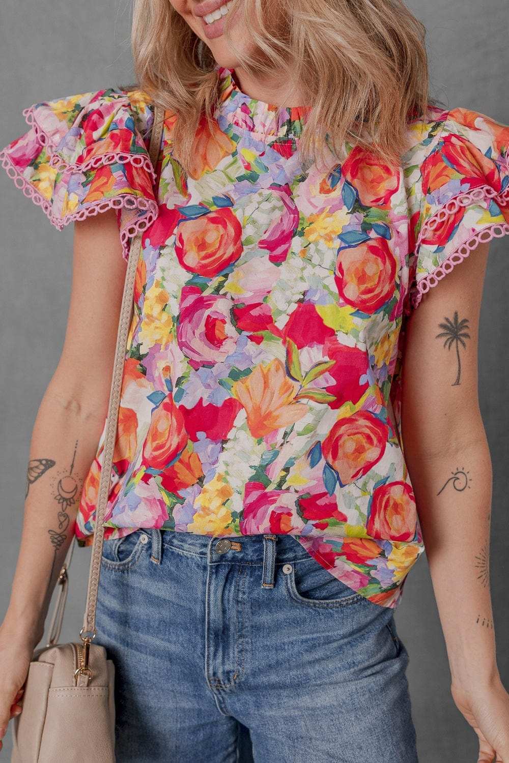 Lace Trim Ruffle Cap Sleeve Floral Blouse - Trendsi - Flyclothing LLC