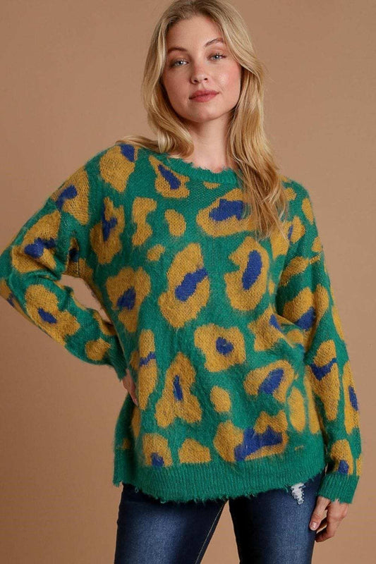 Umgee Full Size Leopard Destroyed Rib Band Sweater Plus Size - Trendsi - Flyclothing LLC