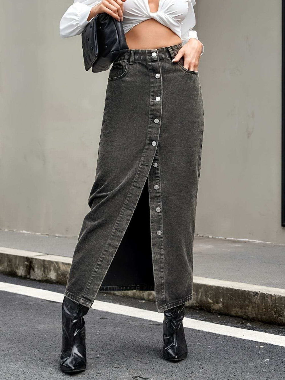 Button Up High Rise Denim Skirt - Trendsi - Flyclothing LLC