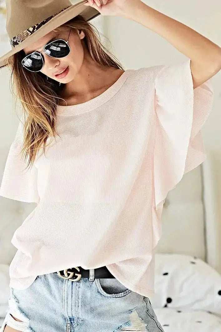 BiBi Thermal Knit with Ruffled Sleeve Top - Trendsi - Flyclothing LLC
