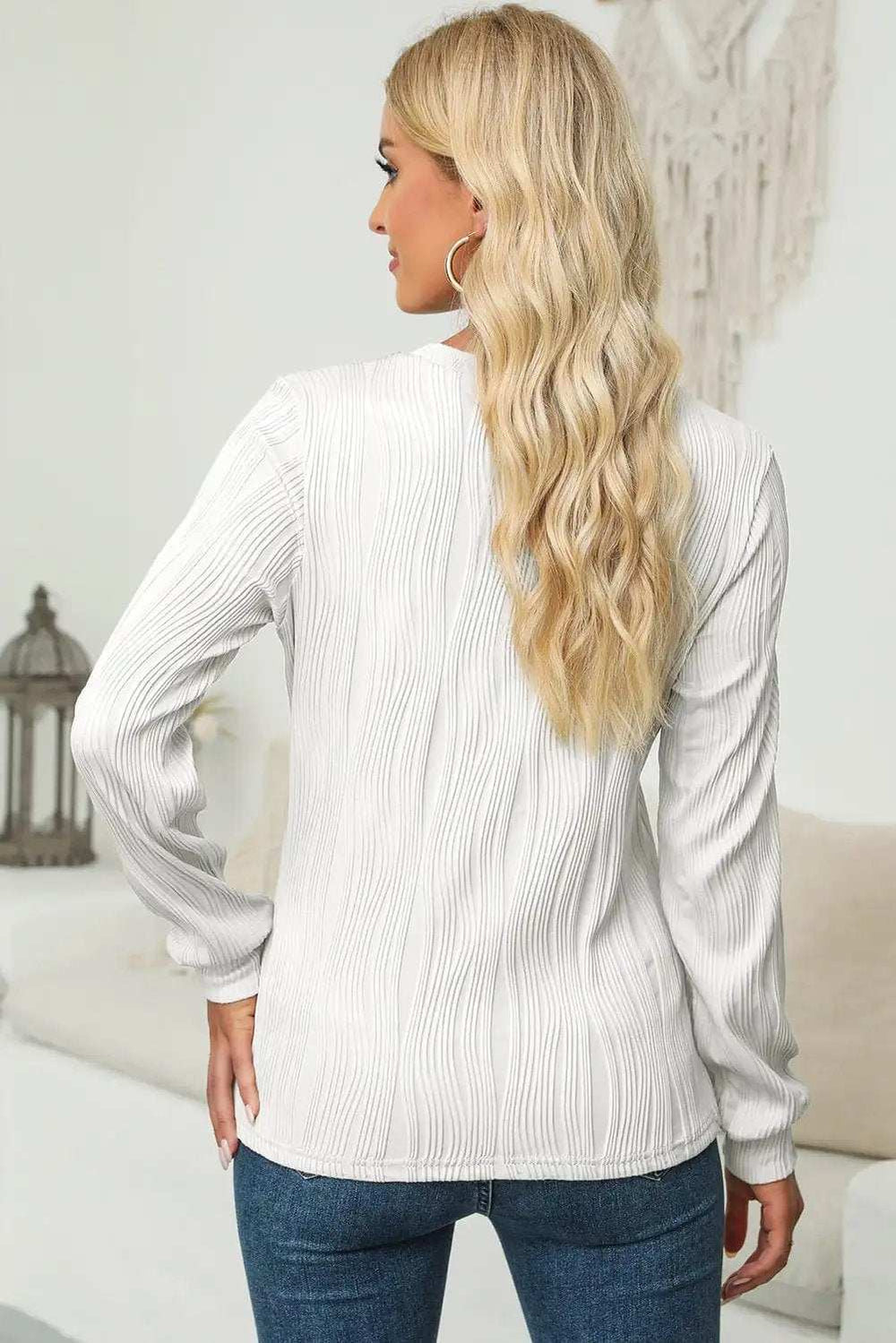 Textured Round Neck Long Sleeve Blouse - Trendsi - Flyclothing LLC