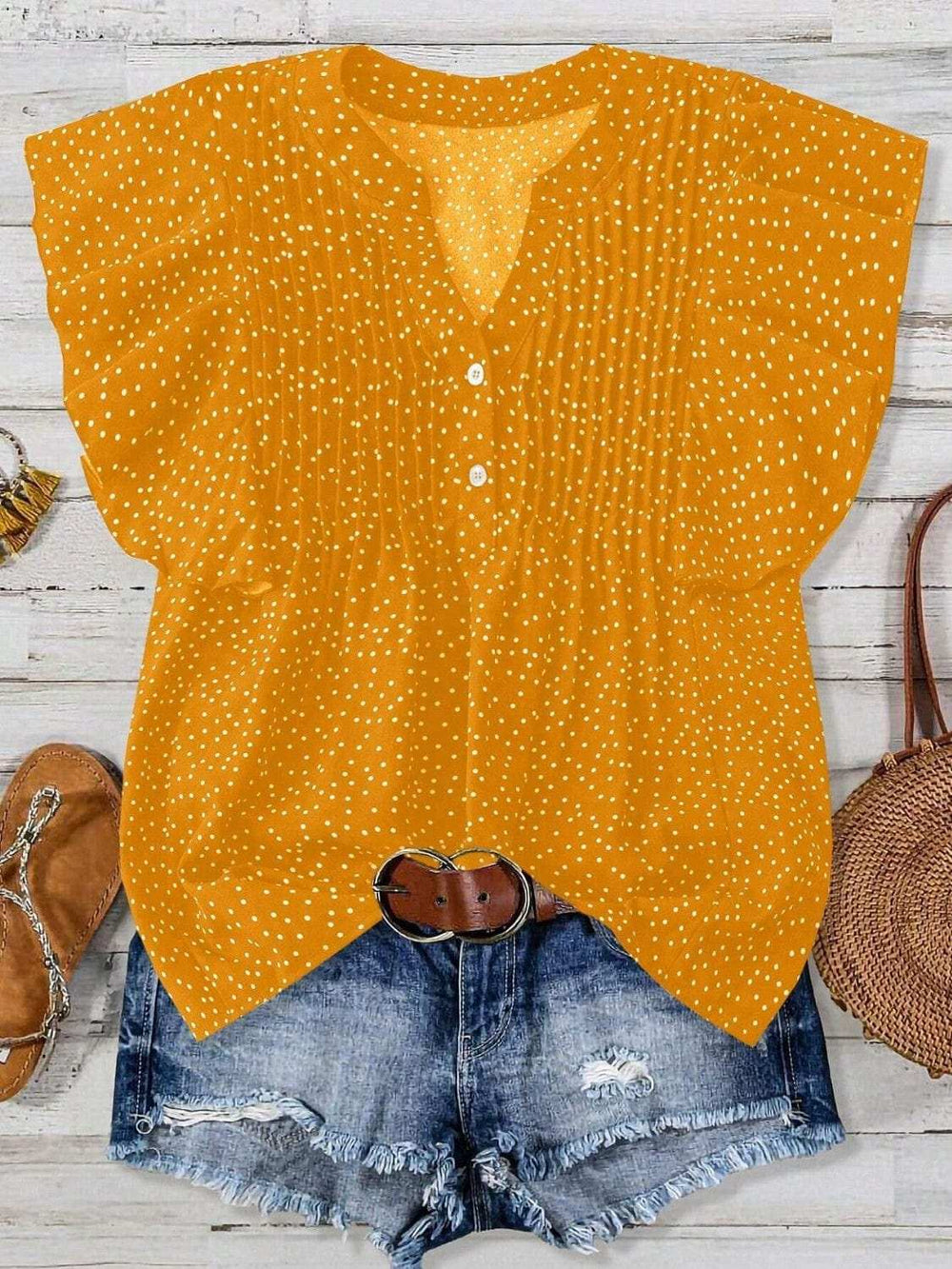Polka Dot Notched Ruffled Cap Sleeve Blouse - Trendsi - Flyclothing LLC