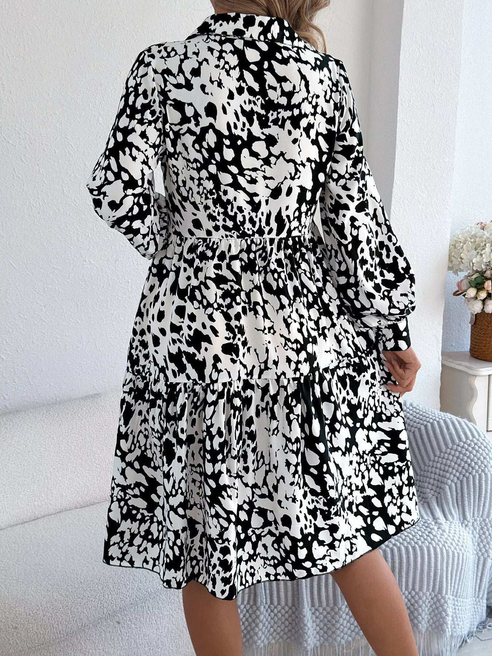 Printed Collared Neck Long Sleeve Dress - Trendsi - Flyclothing LLC