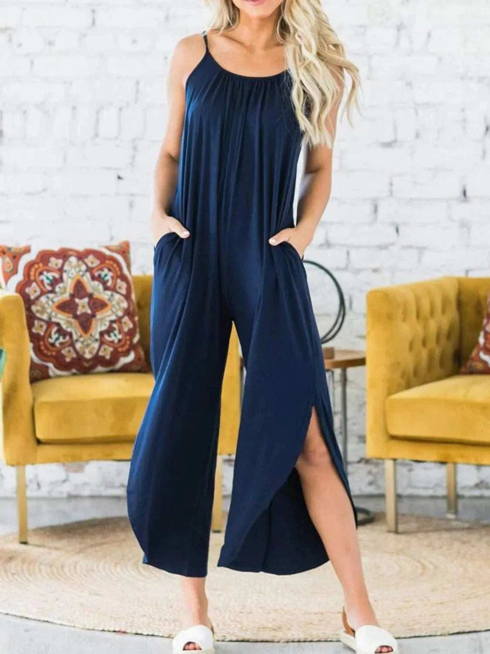 Slit Spaghetti Strap Jumpsuit with Pockets - Trendsi - Flyclothing LLC
