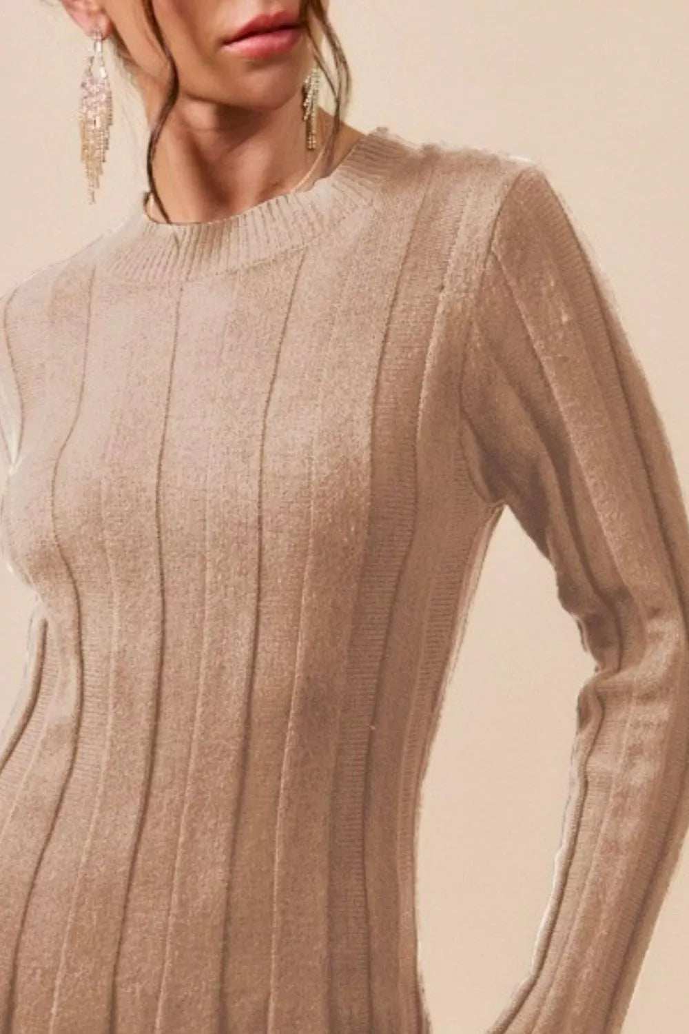 SO ME Ribbed Long Sleeve Mini Sweater Dress - Trendsi - Flyclothing LLC