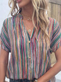 Striped Notched Short Sleeve Blouse - Trendsi - Flyclothing LLC