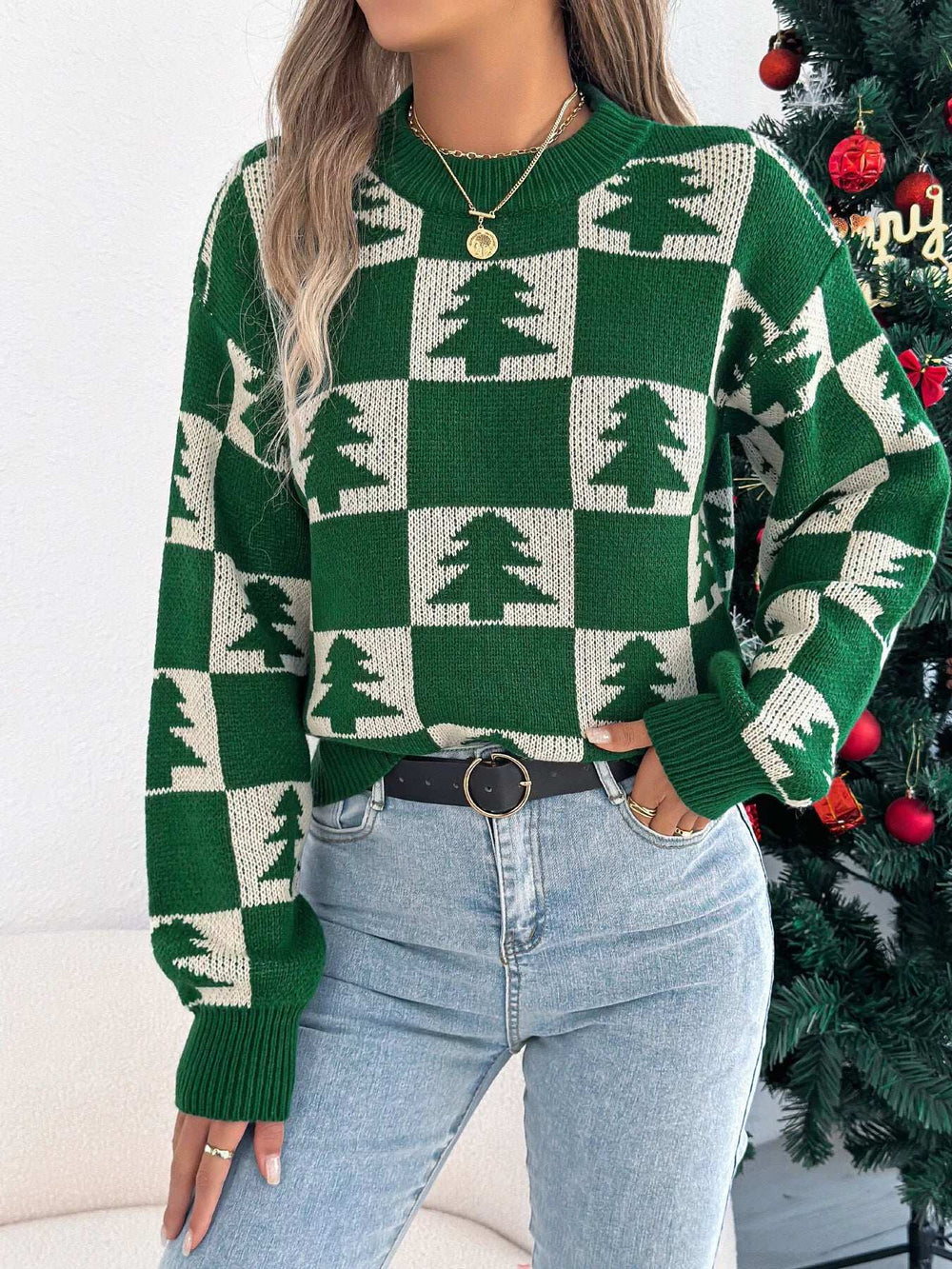 Christmas Tree Checkerboard Pattern Sweater - Trendsi - Flyclothing LLC