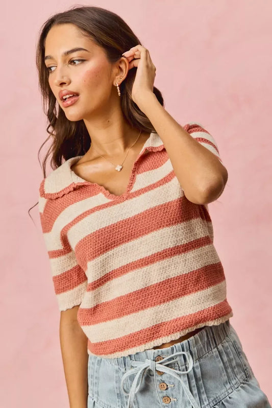 SO ME Stripe Short Sleeve Cropped Sweater - Trendsi - Flyclothing LLC