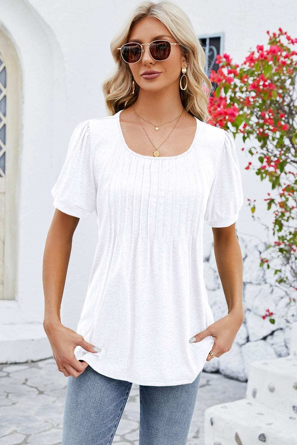 Ruched Scoop Neck Short Sleeve Blouse - Trendsi - Flyclothing LLC