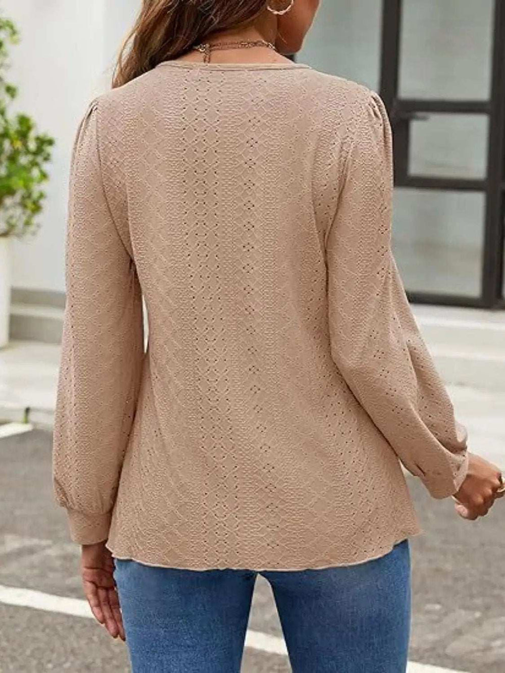 Eyelet Round Neck Long Sleeve Top - Trendsi - Flyclothing LLC
