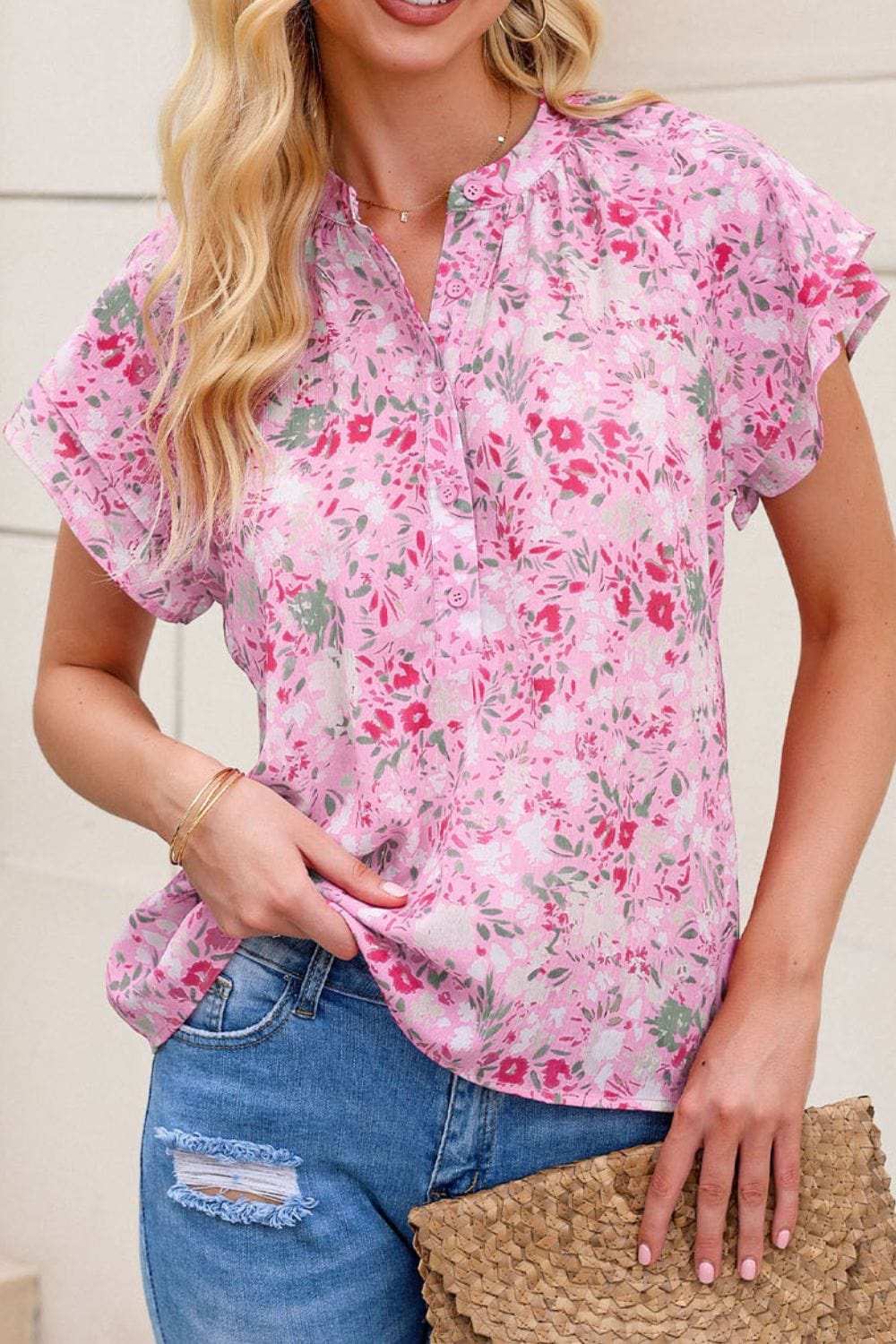 Floral Half Button Round Neck Short Sleeve Blouse - Trendsi - Flyclothing LLC