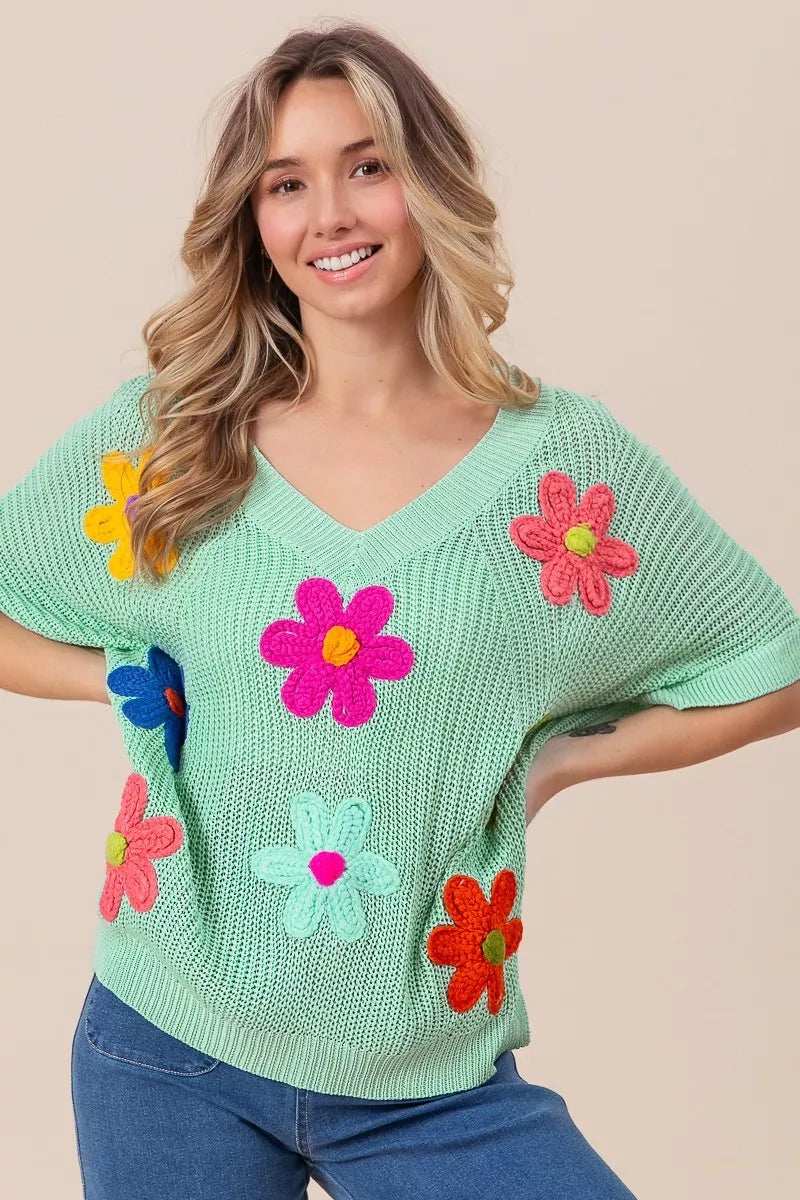 BiBi Flower Patches Dolman Sleeve Lightweight Sweater - Trendsi - Flyclothing LLC