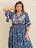 Plus Size Printed Surplice Half Sleeve Dress - Trendsi - Flyclothing LLC