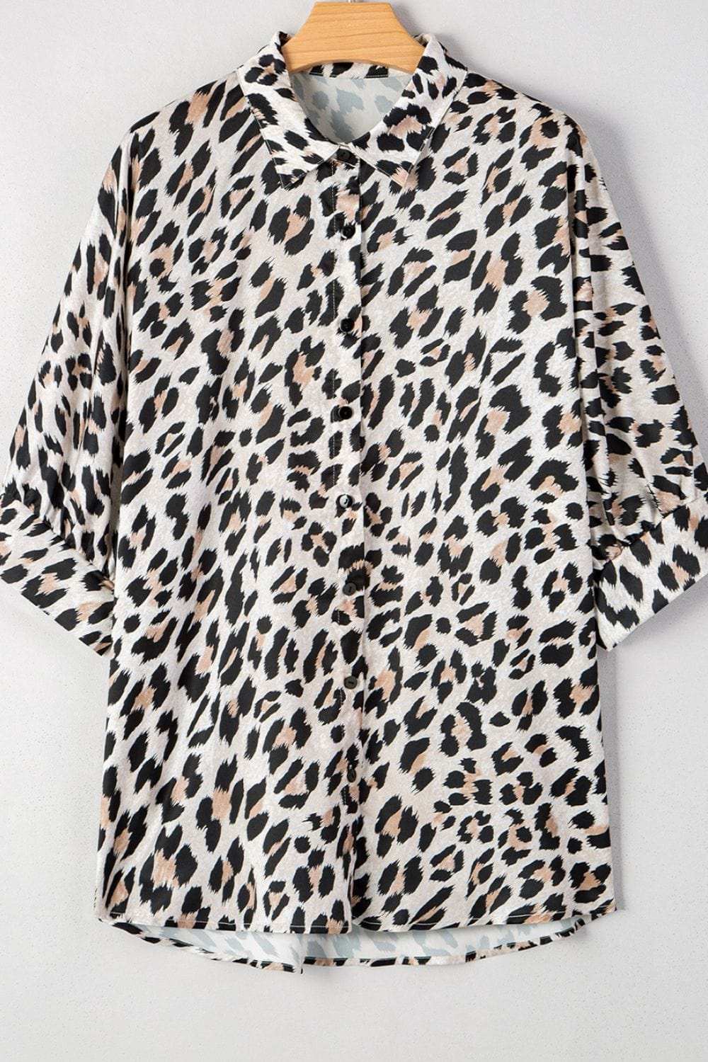 Leopard Print Buttoned 3/4 Sleeve Loose Fit Shirt - Trendsi - Flyclothing LLC
