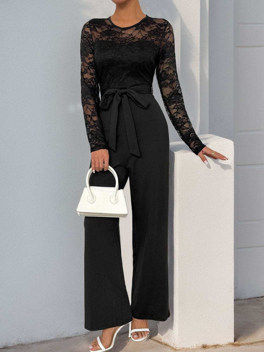 Perfee Lace Round Neck Long Sleeve Jumpsuit - Trendsi - Flyclothing LLC