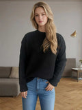 Round Neck Drop Shoulder Long Sleeve Sweater - Trendsi - Flyclothing LLC
