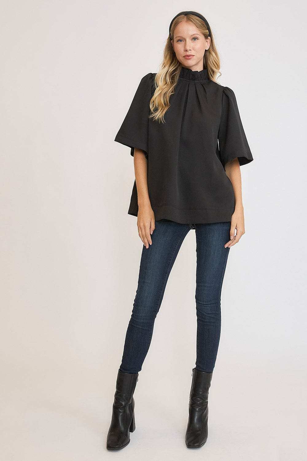 Umgee Bow Tie Back Mock Neck Half Sleeve Blouse - Trendsi - Flyclothing LLC