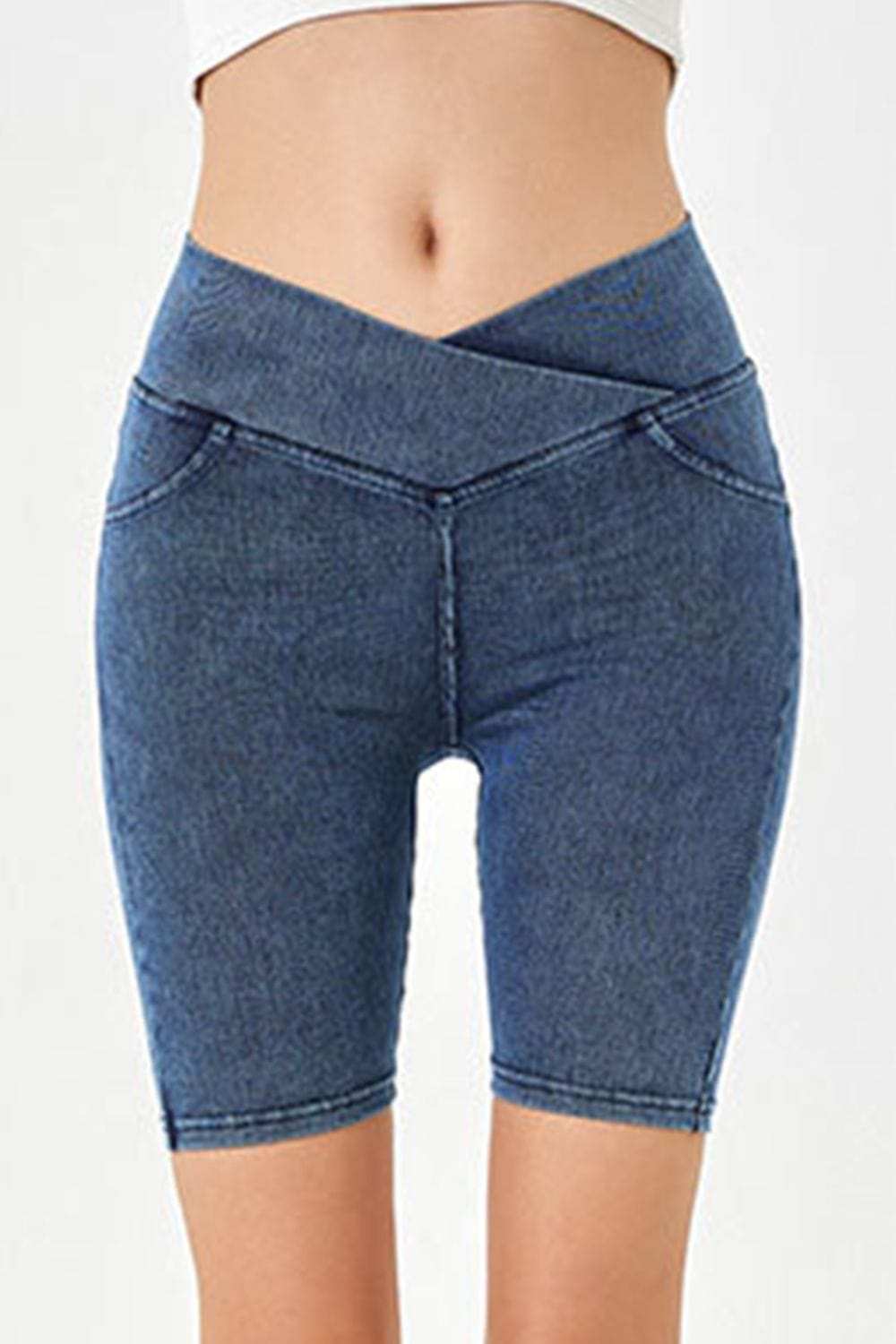 Basic Bae Asymmetrical Waist Denim Shorts with Pockets - Trendsi - Flyclothing LLC