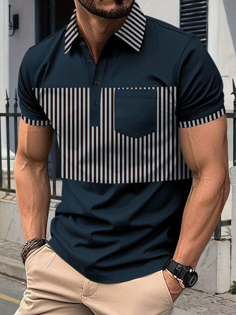 Men's Full Size Collared Contrast Striped Polo Plus Size - Trendsi - Flyclothing LLC