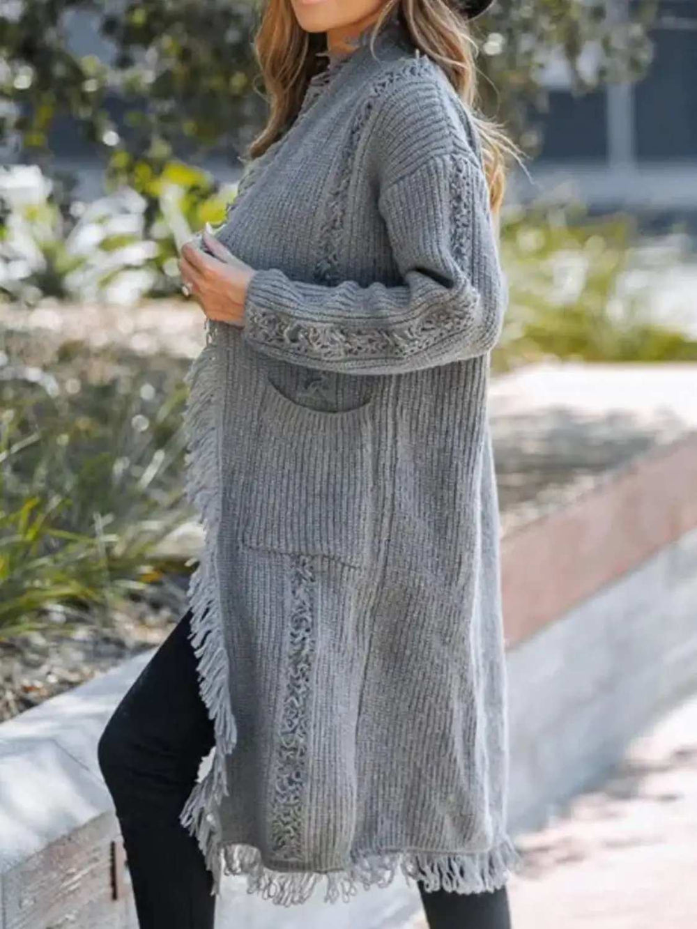 Fringe Open Front Long Sleeve Cardigan - Trendsi - Flyclothing LLC