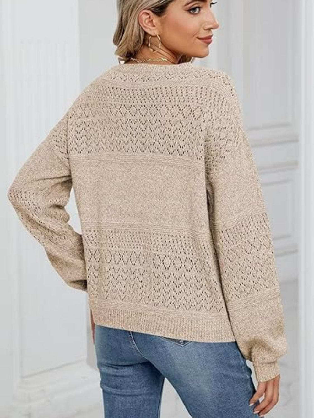 Eyelet V-Neck Long Sleeve Sweater - Trendsi - Flyclothing LLC