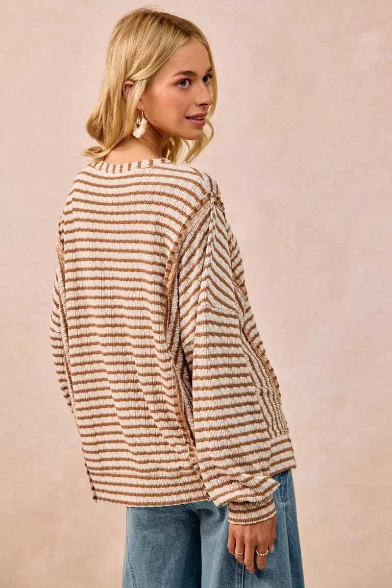 BiBi Open Seam Detail Textured Stripe Knit Top - Trendsi - Flyclothing LLC