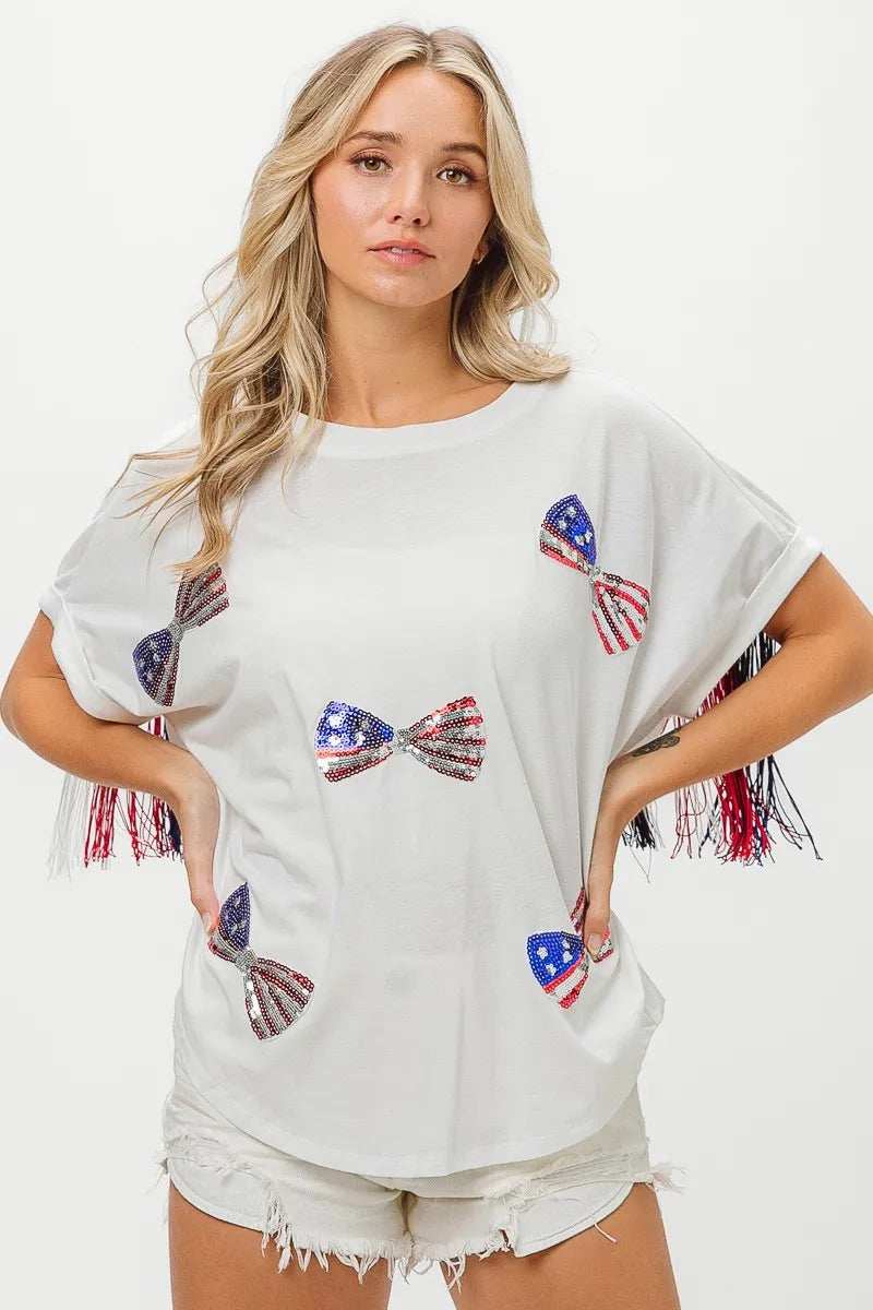BiBi American Flag Sequin Ribbon T-Shirt - Trendsi - Flyclothing LLC