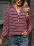 Striped Notched Long Sleeve T-Shirt - Trendsi - Flyclothing LLC