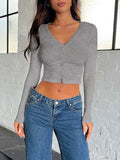 Buttoned V-Neck Long Sleeve T-Shirt - Trendsi - Flyclothing LLC