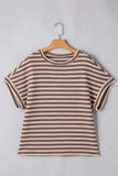 Stripe Textured Side Slit Crew Neck T-Shirt - Trendsi - Flyclothing LLC