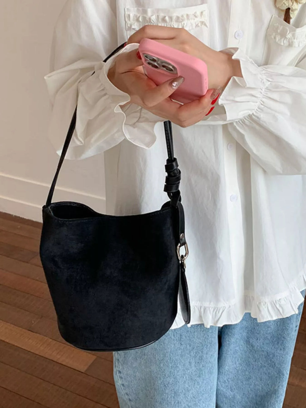 Suede Solid Color Bucket Bag - Trendsi - Flyclothing LLC