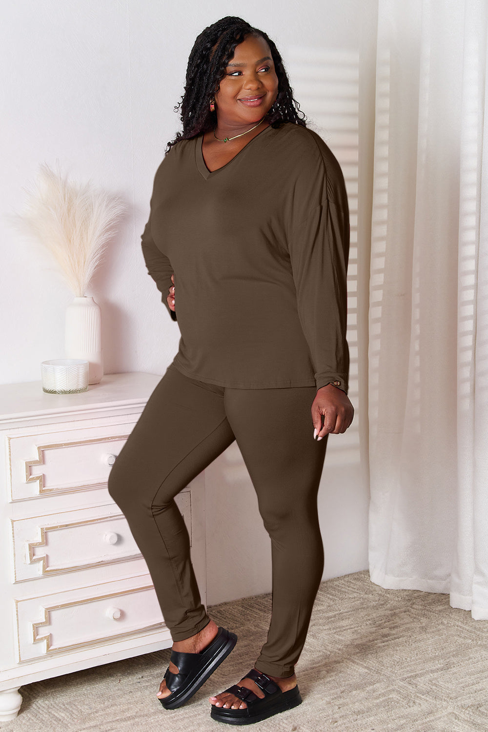Basic Bae Bamboo Full Size V-Neck Long Sleeve Top and Pants Lounge Set - ShopBasicbae - Flyclothing LLC