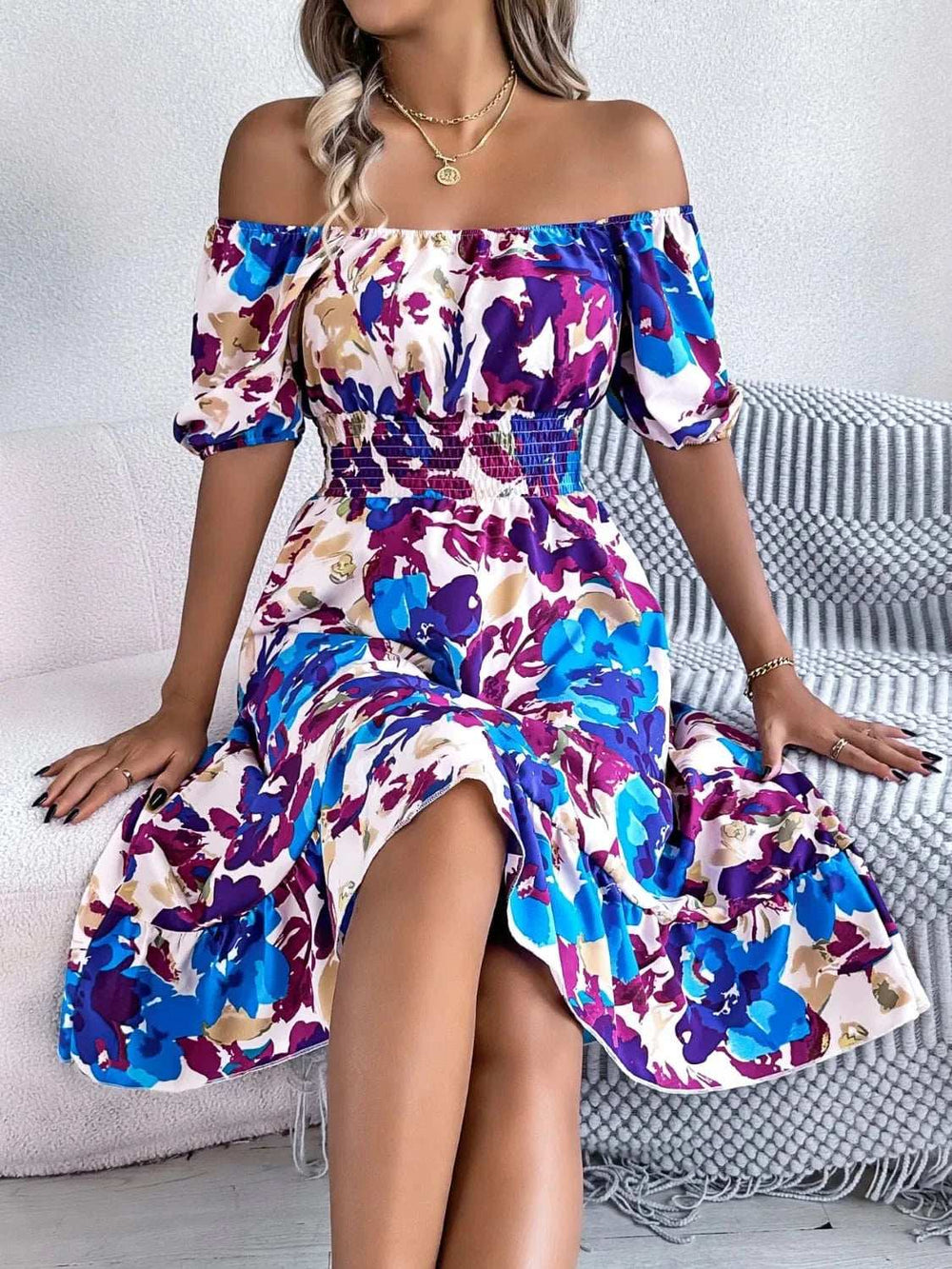 Ruffled Hem Smocked Floral Short Sleeve Midi Dress - Trendsi - Flyclothing LLC